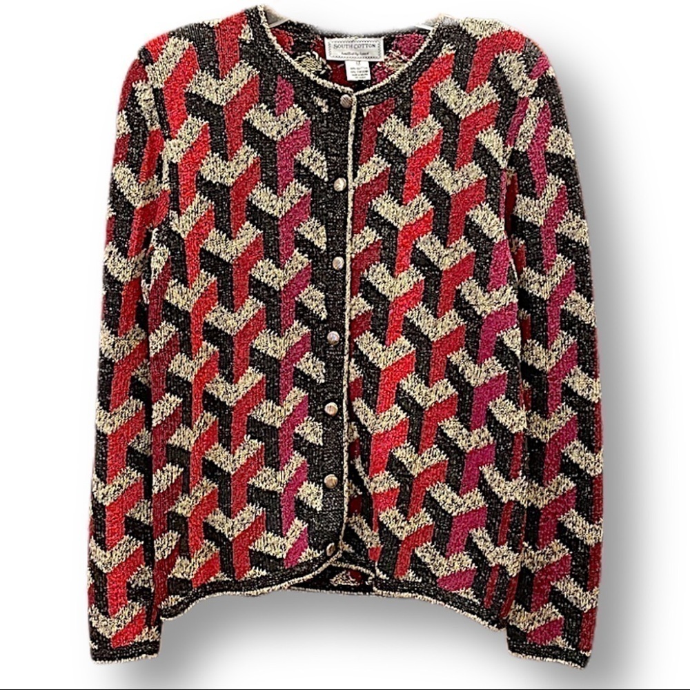 South Cotton sweater jacket cardigan M vintage pristine geometric red black